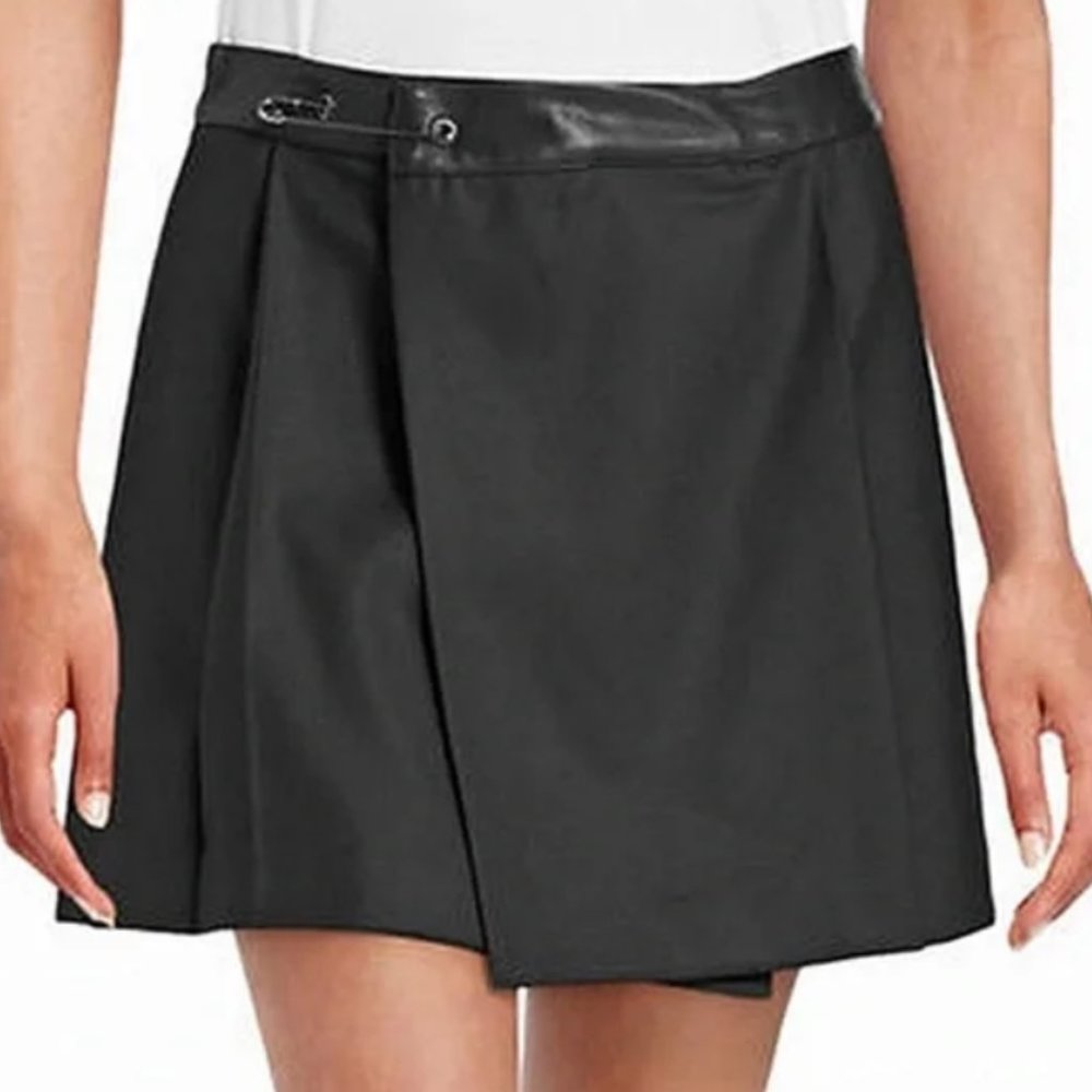 Diesel O-Rukan Wool Blend Safety Pin Leather Trim Pleated Mini Skirt In Black